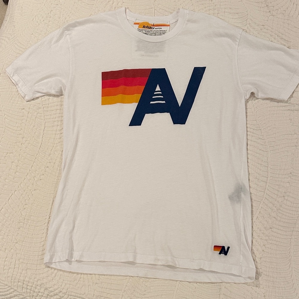 Aviator Nation White Tee with Red and Orange Graphic size L